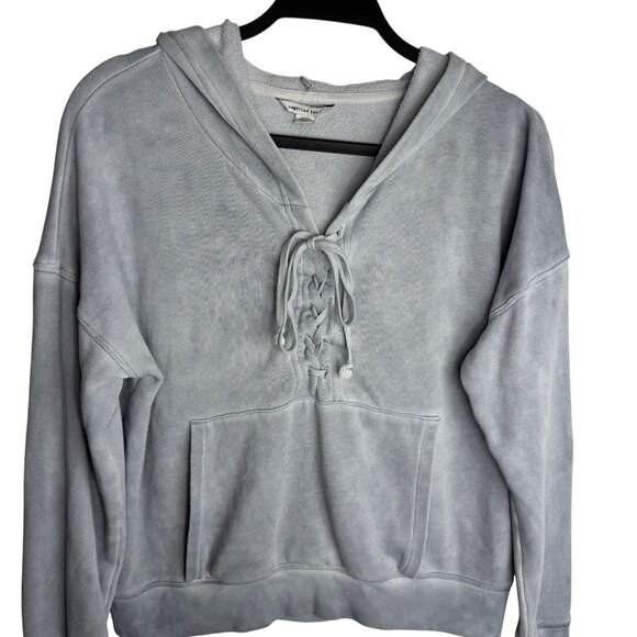 American Eagle Women's‎ Size Small Blue Marbled Hoodie With Lace-Up Detail - Picture 3 of 11
